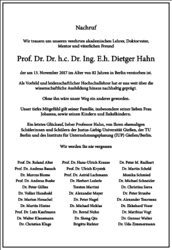 Traueranzeige von Prof. Dr. Dr. h. . Dr. Ing. E.h. Dietger Hahn  von Frankfurter Allgemeine Zeitung