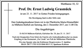 Traueranzeige von Prof. Dr. Ernst Ludwig Grasmück von Frankfurter Allgemeine Zeitung