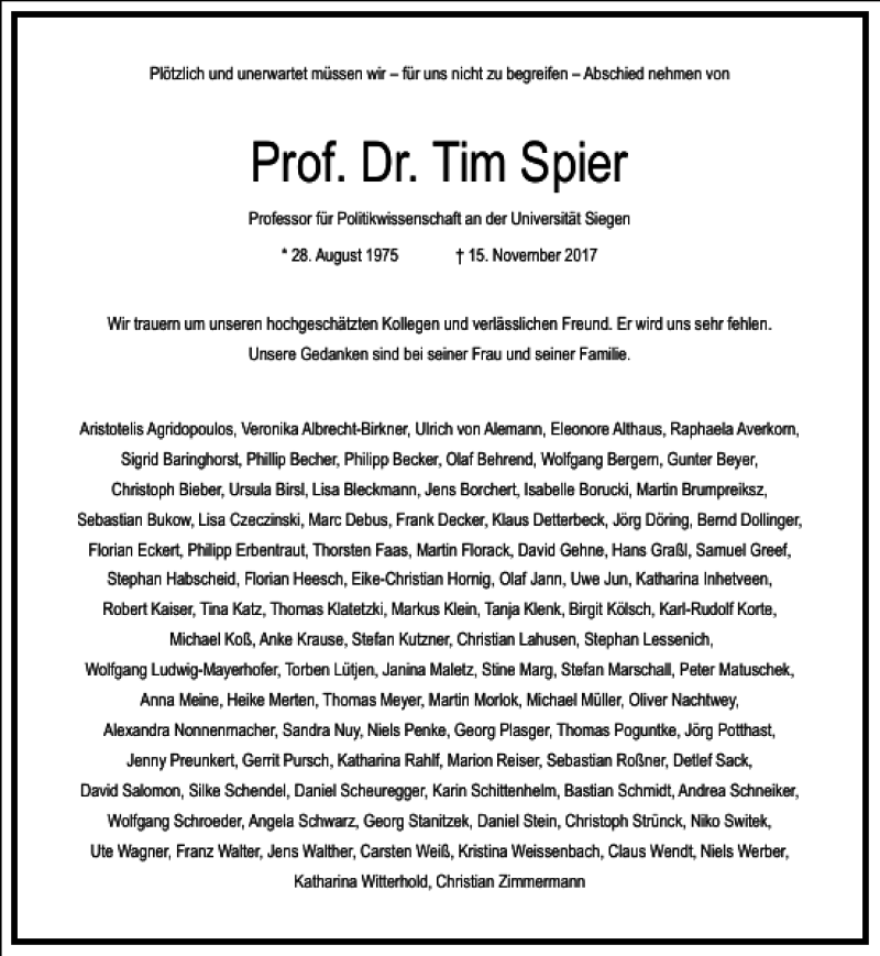  Traueranzeige für Prof. Dr. Tim Spier vom 25.11.2017 aus Frankfurter Allgemeine Zeitung