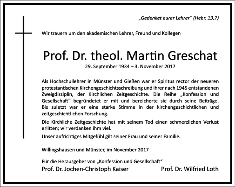  Traueranzeige für Prof. Dr. theol. Martin Greschat vom 16.11.2017 aus Frankfurter Allgemeine Zeitung