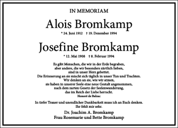 Traueranzeige von Alois Bromkamp Josefine Bromkamp von Frankfurter Allgemeine Zeitung