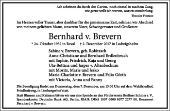 Traueranzeige von Bernhard v. Brevern von Frankfurter Allgemeine Zeitung