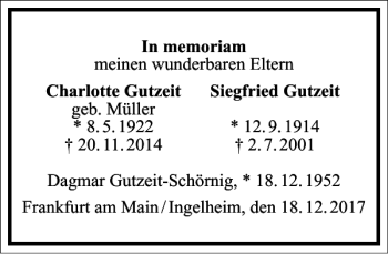 Traueranzeige von Charlotte Gutzeit Siegfried Gutzeit von Frankfurter Allgemeine Zeitung