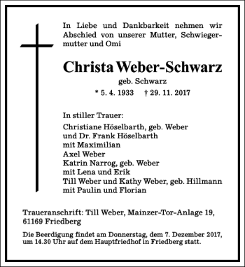 Traueranzeige von Christa Weber-Schwarz von Frankfurter Allgemeine Zeitung