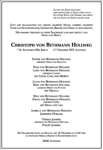 Traueranzeige von Christoph von Bethmann Hollweg von Frankfurter Allgemeine Zeitung