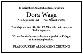 Traueranzeige von Dora Waga von Frankfurter Allgemeine Zeitung