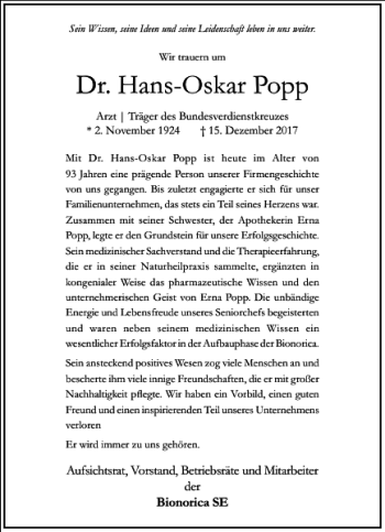 Traueranzeige von Dr. Hans-Oskar Popp von Frankfurter Allgemeine Zeitung