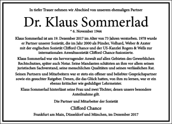 Traueranzeige von Dr. Klaus Sommerlad von Frankfurter Allgemeine Zeitung