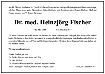 Traueranzeige von Dr. med. Heinzjörg Fischer von Frankfurter Allgemeine Zeitung