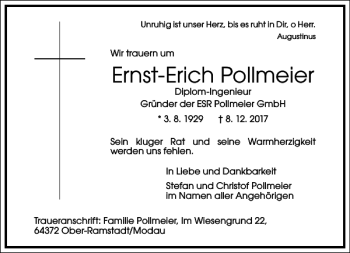 Traueranzeige von Ernst-Erich Pollmeier von Frankfurter Allgemeine Zeitung