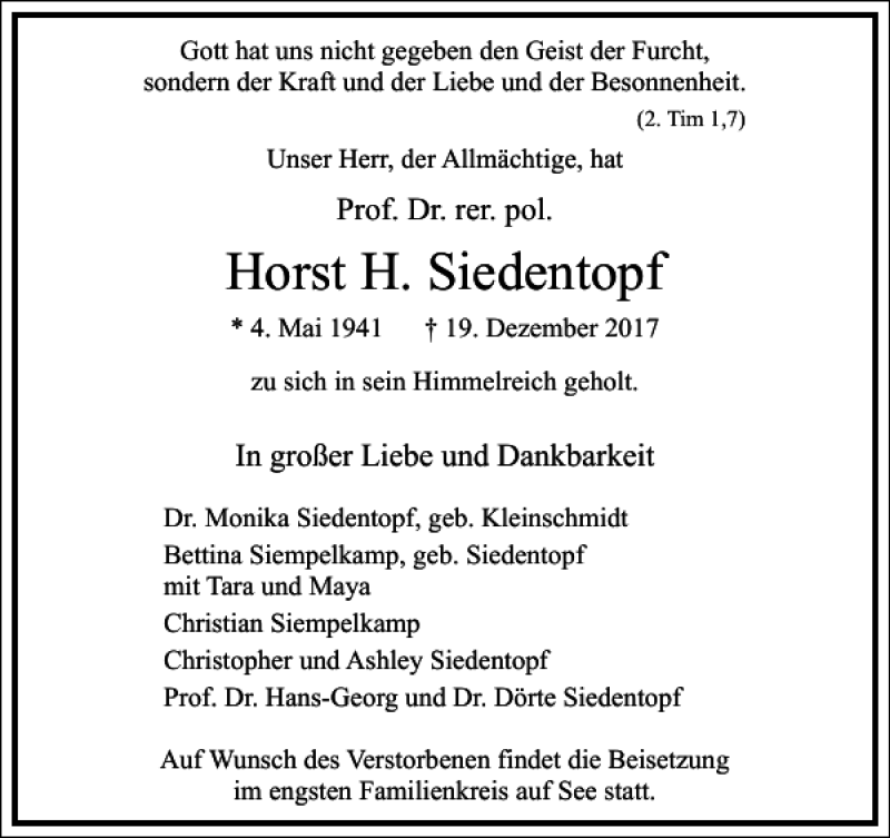  Traueranzeige für Horst H. Siedentopf vom 30.12.2017 aus Frankfurter Allgemeine Zeitung