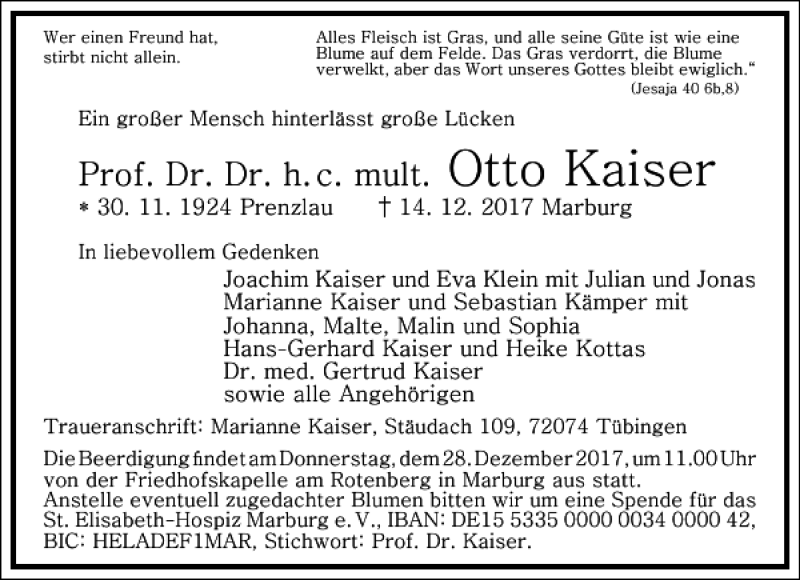  Traueranzeige für Otto Kaiser vom 21.12.2017 aus Frankfurter Allgemeine Zeitung