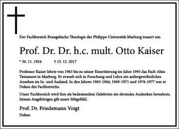 Traueranzeige von Prof. Dr. Dr. h. c. mult. Otto Kaiser  von Frankfurter Allgemeine Zeitung