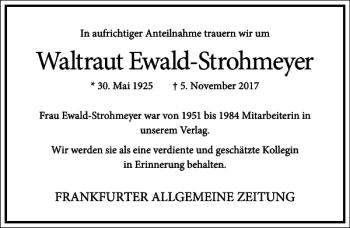 Traueranzeige von Waltraut Ewald-Strohmeyer von Frankfurter Allgemeine Zeitung