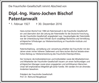 Traueranzeige von Dipl.-Ing. Hans-Jochen Bischof von Frankfurter Allgemeine Zeitung
