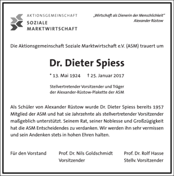 Traueranzeige von Dr. Dieter Spiess von Frankfurter Allgemeine Zeitung