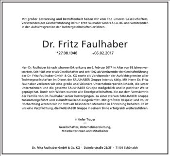 Traueranzeige von Dr. Fritz Faulhaber von Frankfurter Allgemeine Zeitung