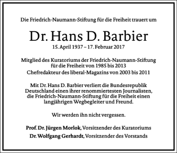 Traueranzeige von Dr. Hans D. Barbier von Frankfurter Allgemeine Zeitung
