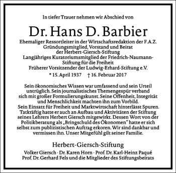 Traueranzeige von Dr. Hans D. Barbier von Frankfurter Allgemeine Zeitung
