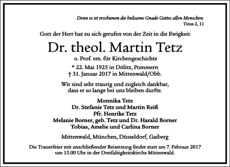  Traueranzeige für Dr. Theol. Martin Tetz vom 04.02.2017 aus Frankfurter Allgemeine Zeitung
