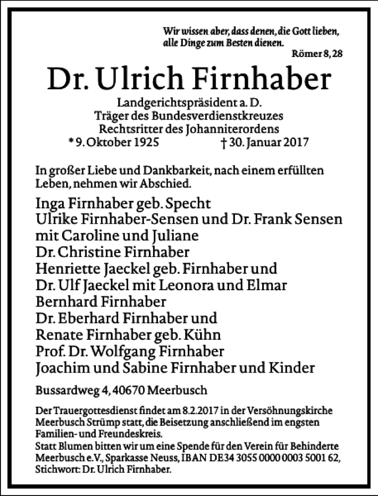 Traueranzeige für Dr. Ulrich Firnhaber vom 04.02.2017 aus Frankfurter Allgemeine Zeitung