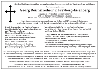 Traueranzeige von Georg Reichsfreiherr v. Freyberg-Eisenberg von Frankfurter Allgemeine Zeitung