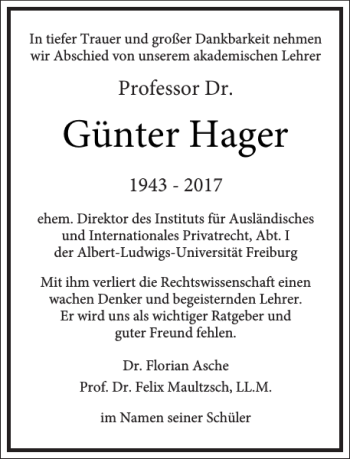 Traueranzeige von Günter Hager von Frankfurter Allgemeine Zeitung