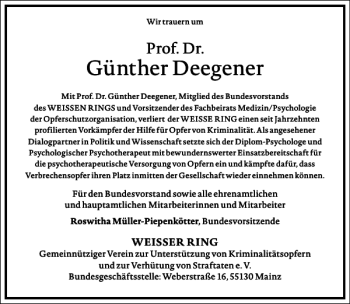 Traueranzeige von Günther Deegener von Frankfurter Allgemeine Zeitung