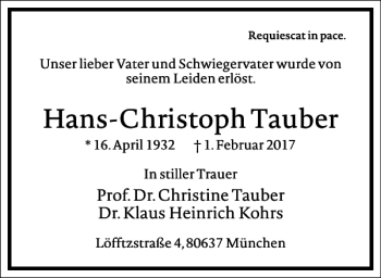 Traueranzeige von Hans-Christoph Tauber von Frankfurter Allgemeine Zeitung