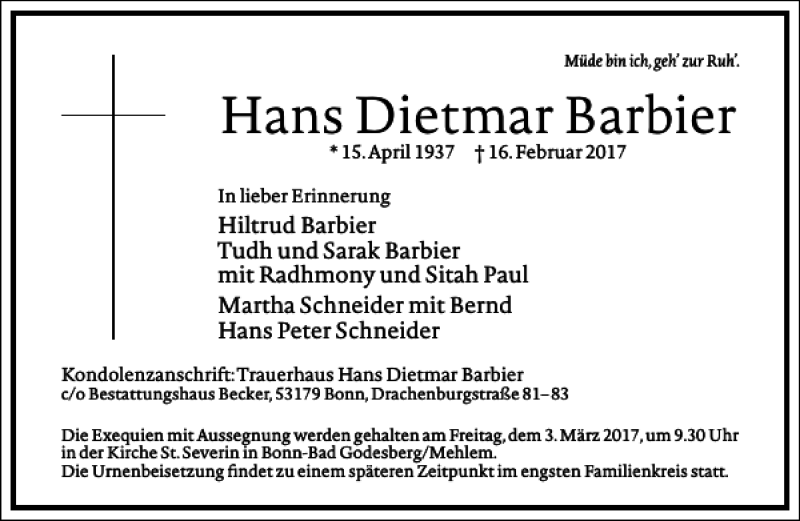  Traueranzeige für Hans Dietmar Barbier vom 25.02.2017 aus Frankfurter Allgemeine Zeitung