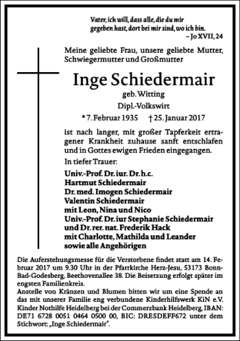 Traueranzeige von Inge Schiedermair von Frankfurter Allgemeine Zeitung