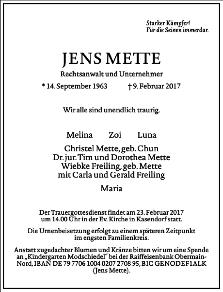  Traueranzeige für JENS METTE vom 17.02.2017 aus Frankfurter Allgemeine Zeitung