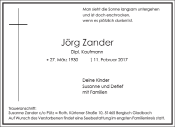 Traueranzeige von Jörg Zander von Frankfurter Allgemeine Zeitung