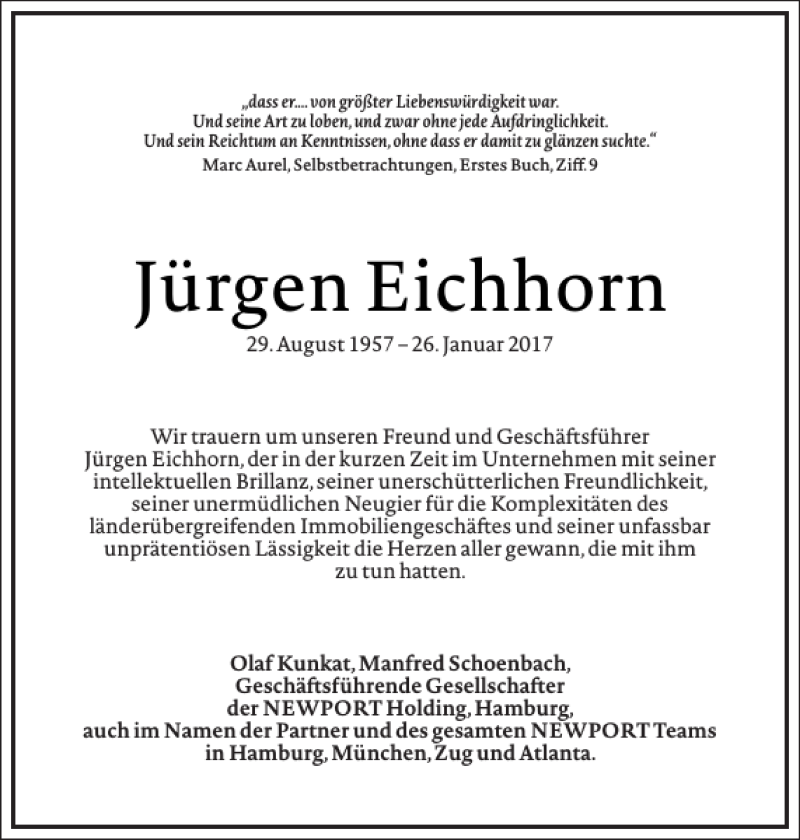  Traueranzeige für Jürgen Eichhorn vom 04.02.2017 aus Frankfurter Allgemeine Zeitung