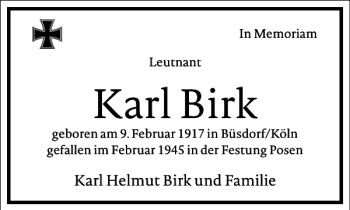 Traueranzeige von Karl Birk von Frankfurter Allgemeine Zeitung