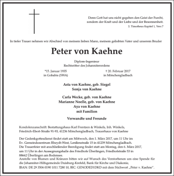 Traueranzeige von Peter von Kaehne von Frankfurter Allgemeine Zeitung