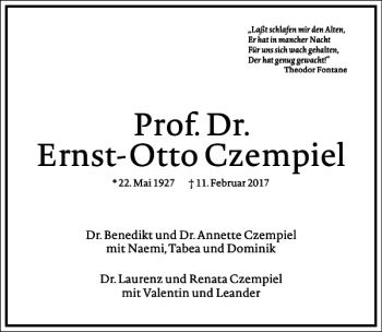 Traueranzeige von Prof. Dr. Ernst-Otto Czempiel von Frankfurter Allgemeine Zeitung