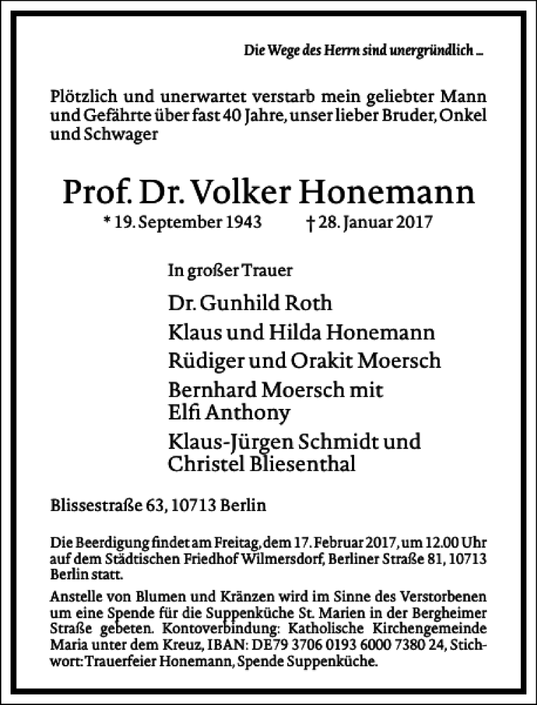  Traueranzeige für Prof. Dr. Volker Honemann vom 04.02.2017 aus Frankfurter Allgemeine Zeitung