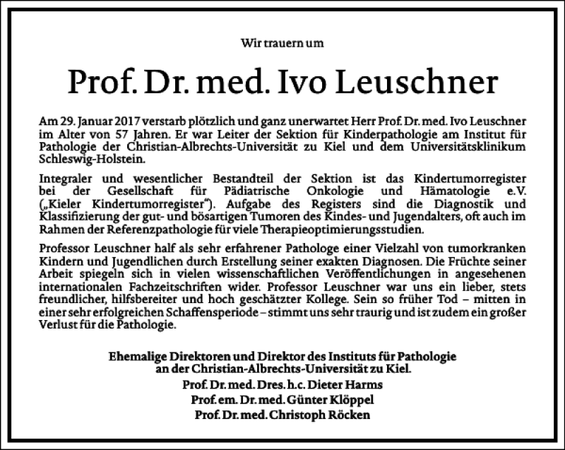  Traueranzeige für Prof. Dr. med. Ivo Leuschner vom 04.02.2017 aus Frankfurter Allgemeine Zeitung