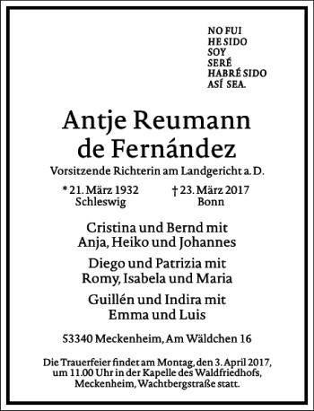 Traueranzeige von Antje Reumann de Fernández von Frankfurter Allgemeine Zeitung