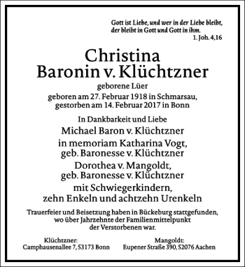 Traueranzeige von Christina Baronin v. Klüchtzner von Frankfurter Allgemeine Zeitung