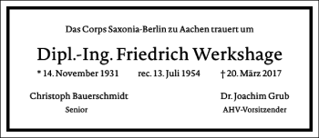 Traueranzeige von Dipl.-Ing. Friedrich Werkshage von Frankfurter Allgemeine Zeitung