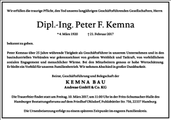 Traueranzeige von Dipl.-Ing. Peter F. Kemna von Frankfurter Allgemeine Zeitung