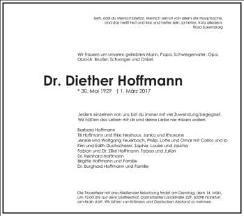 Traueranzeige von Dr. Diether Hoffmann von Frankfurter Allgemeine Zeitung