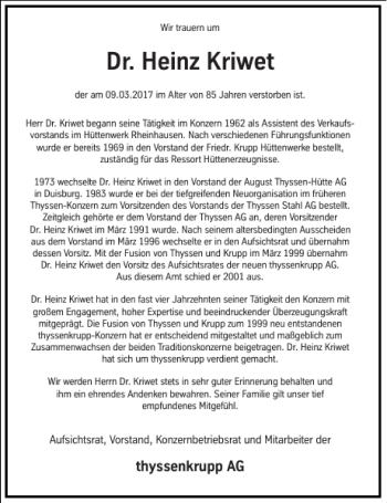 Traueranzeige von Dr. Heinz Kriwet von Frankfurter Allgemeine Zeitung