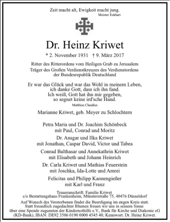 Traueranzeige von Dr. Heinz Kriwet von Frankfurter Allgemeine Zeitung