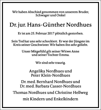 Traueranzeige von Dr. jur. Hans-Günther Nordhues von Frankfurter Allgemeine Zeitung