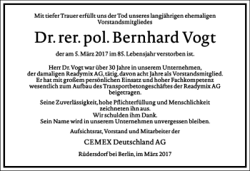 Traueranzeige von Dr. rer. pol. Bernhard Vogt von Frankfurter Allgemeine Zeitung