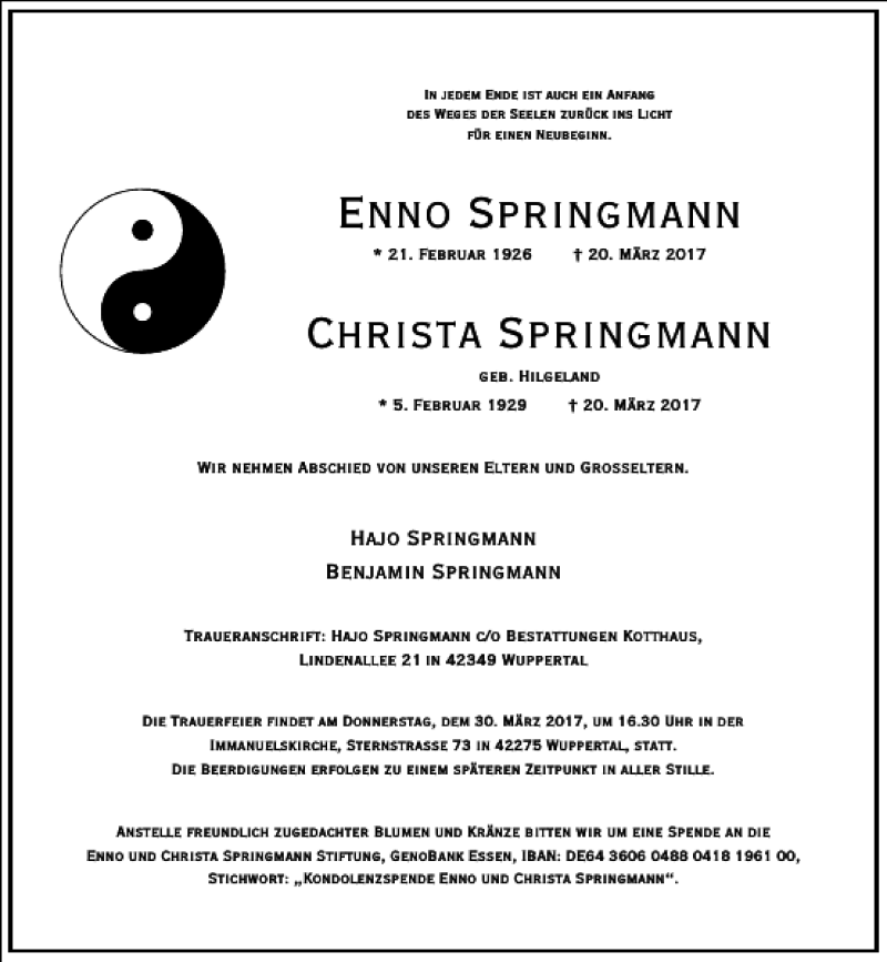  Traueranzeige für Enno Springmann Christa Springmann vom 25.03.2017 aus Frankfurter Allgemeine Zeitung