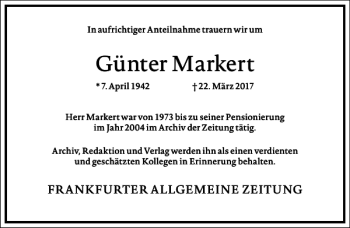 Traueranzeige von Günter Markert von Frankfurter Allgemeine Zeitung